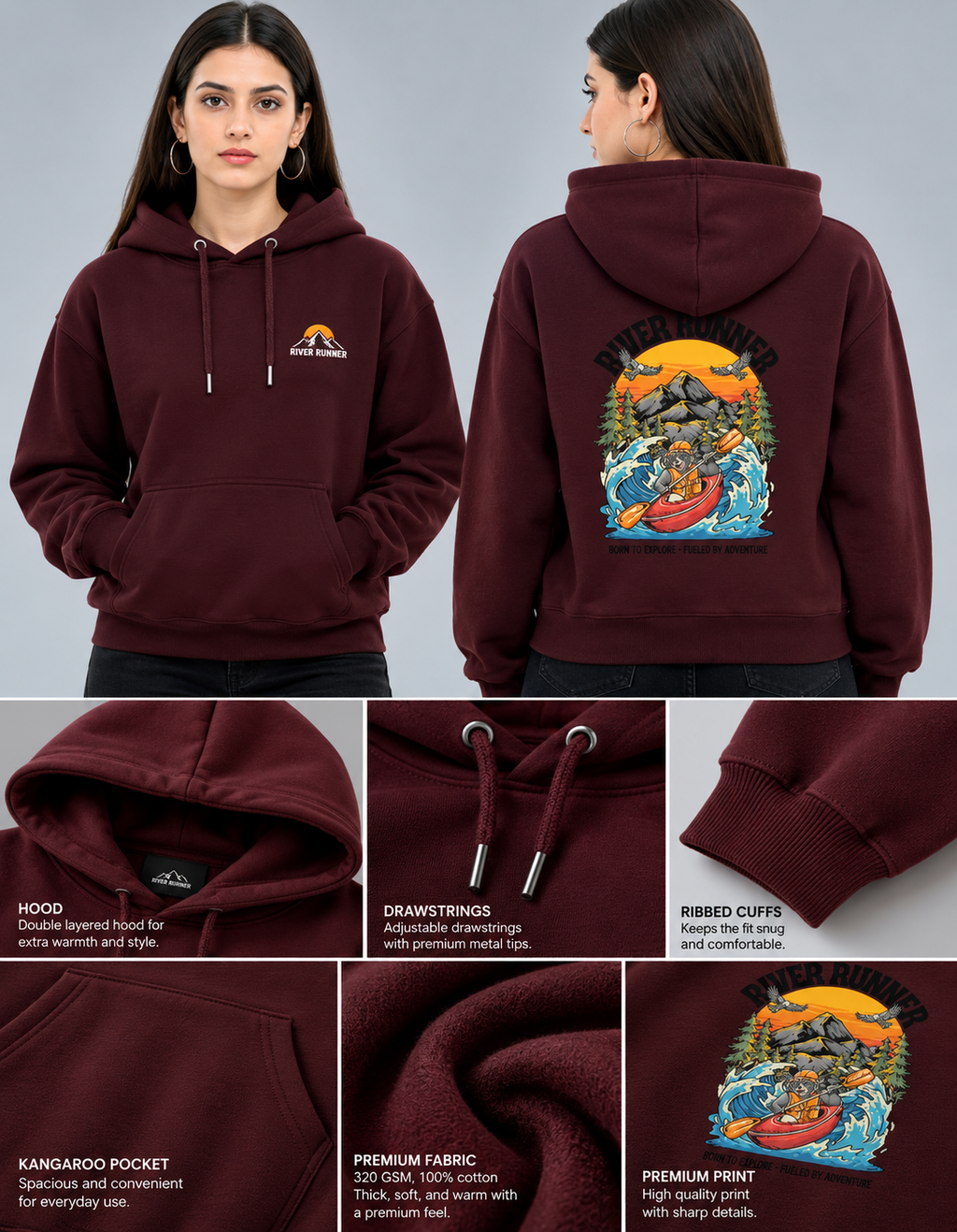 River Runner Unisex Heavyweight Cotton Hoodie – 300 GSM Brushed Fleece | Relaxed Regular Fit
