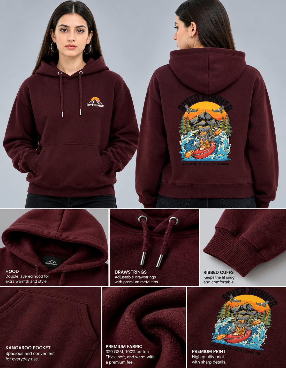 River Runner Unisex Heavyweight Cotton Hoodie – 300 GSM Brushed Fleece | Relaxed Regular Fit