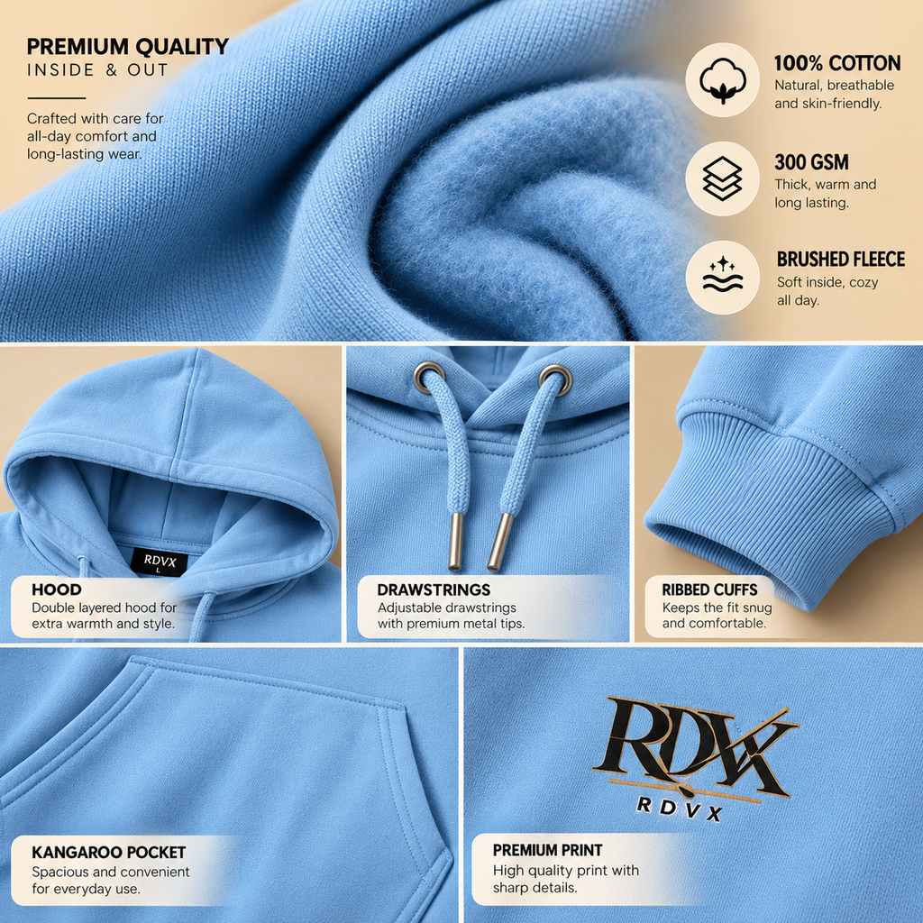 RDX Unisex Heavyweight Hoodie – 100% Cotton 300 GSM Brushed Fleece | Relaxed Regular Fit