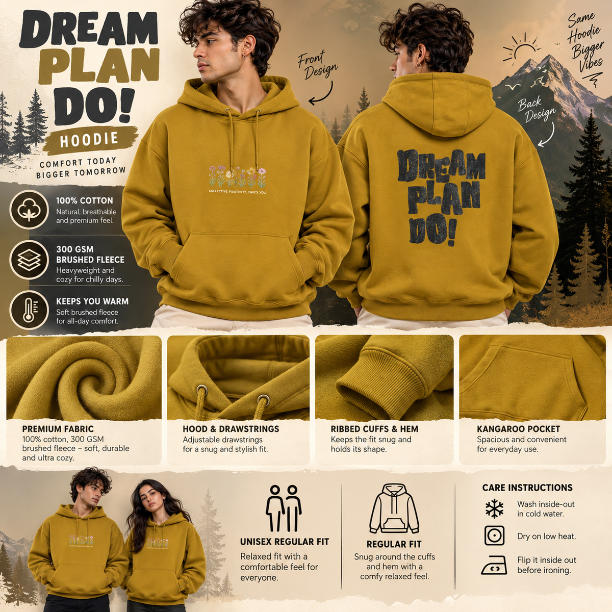 Dream Plan Do! Unisex Cotton Hoodie – 300 GSM Brushed Fleece | Regular Fit