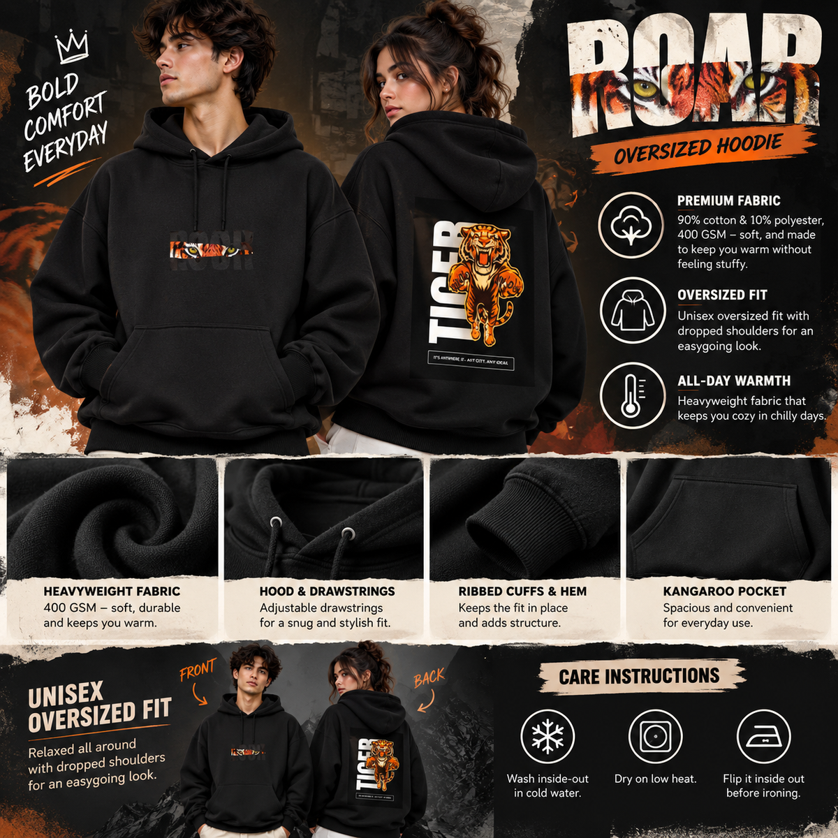 ROAR Tiger Unisex Oversized Hoodie – 400 GSM Cotton Blend | Heavyweight Streetwear