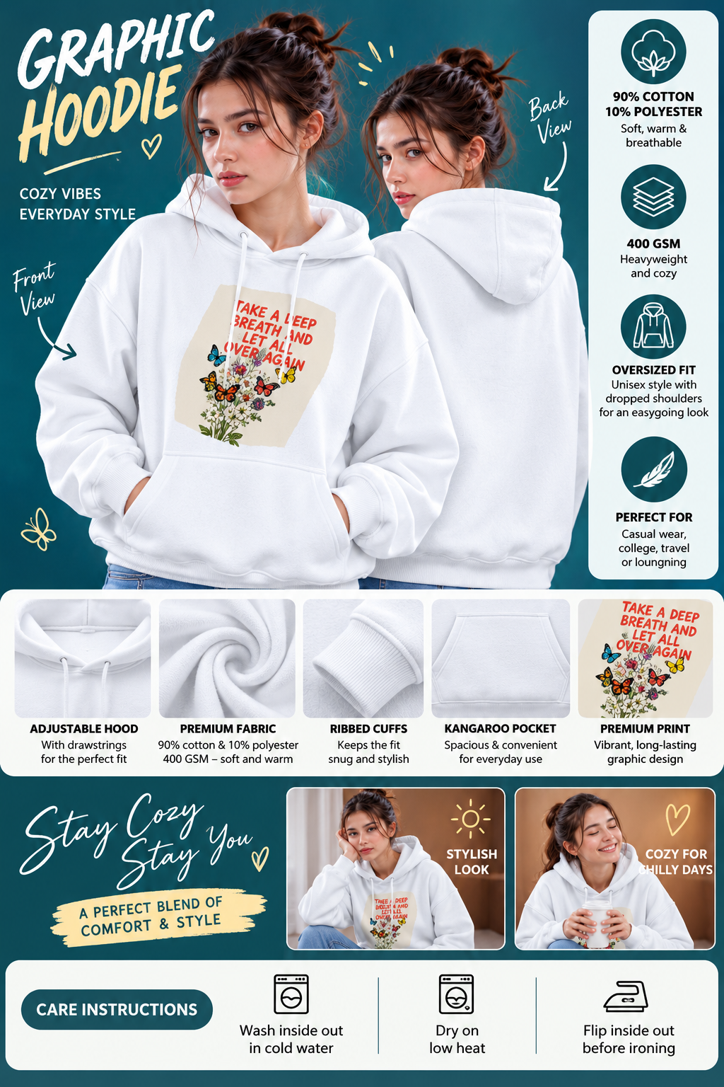 Women's White Graphic Oversized Hoodie – 400 GSM Premium Cotton Blend Sweatshirt