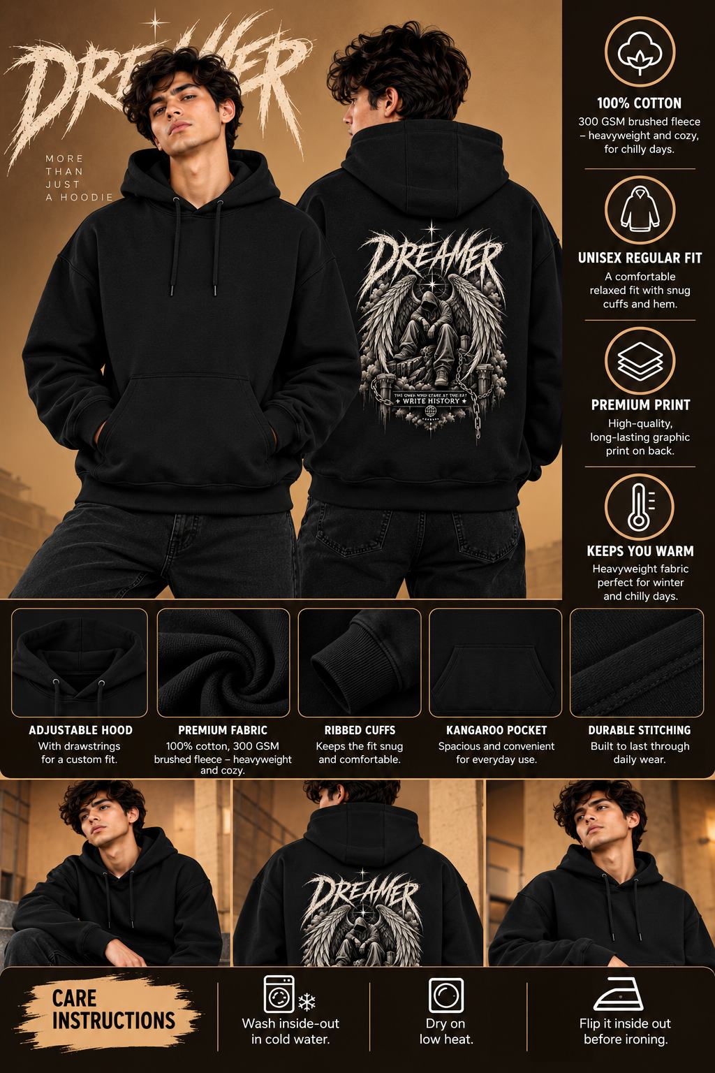 Dreamer Graphic Black Hoodie – Unisex Oversized Streetwear Sweatshirt