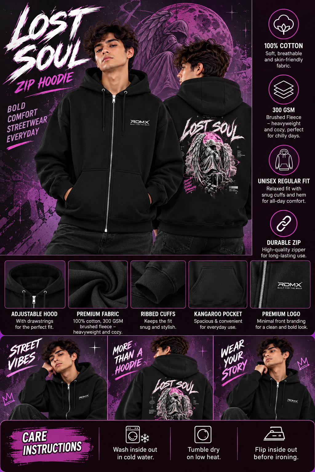 Lost Soul Graphic Black Zip-Up Hoodie – Unisex Streetwear Jacket