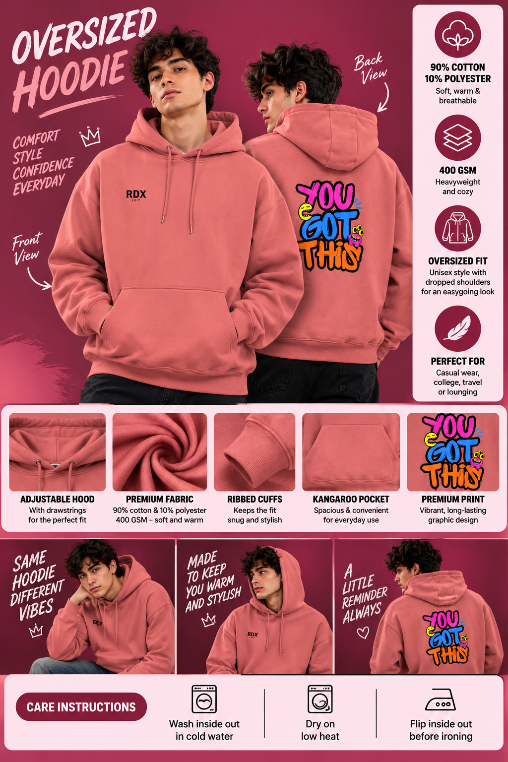 Dusty Rose Graphic Print Unisex Hoodie – 300 GSM Premium Cotton Brushed Fleece Sweatshirt