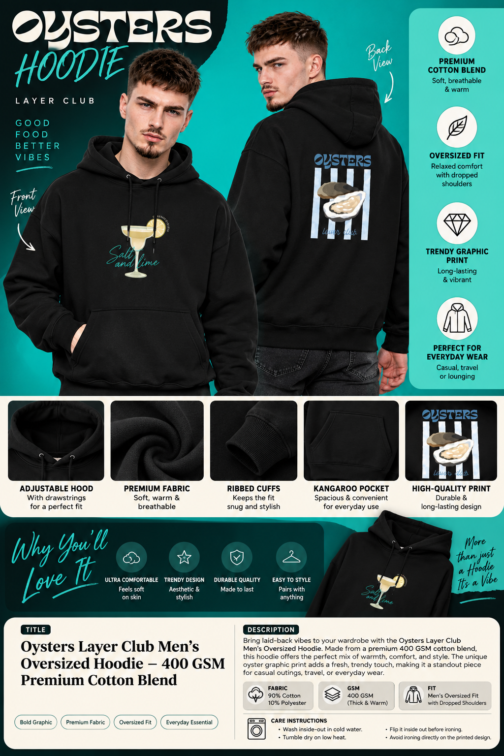 Oysters Layer Club Black Oversized Hoodie – Premium Graphic Printed Sweatshirt