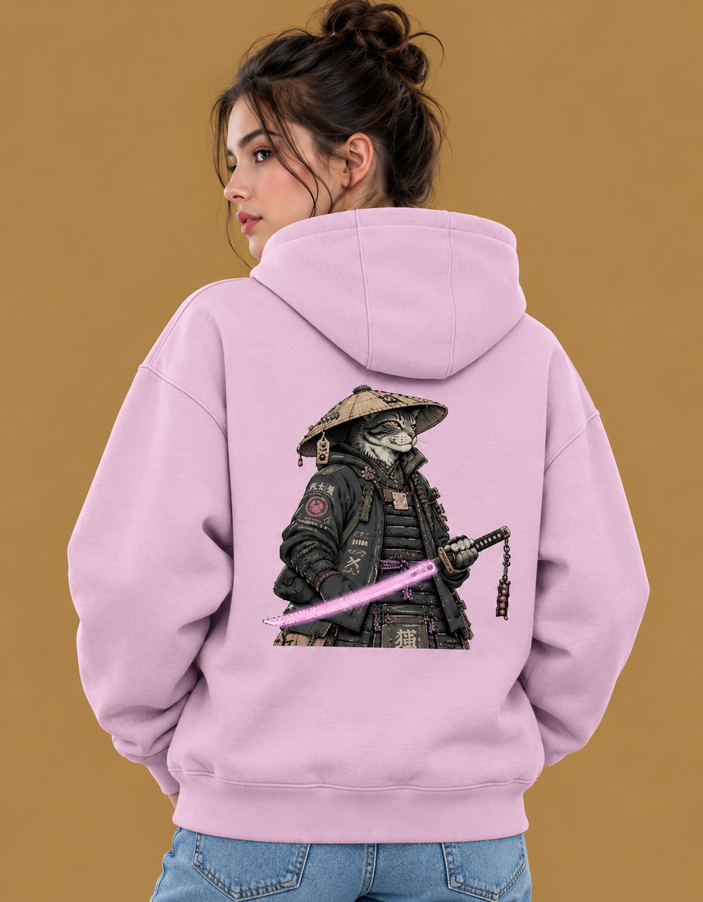 Women's Pink Samurai Cat Graphic Hoodie – 300 GSM Premium Cotton Brushed Fleece Sweatshirt