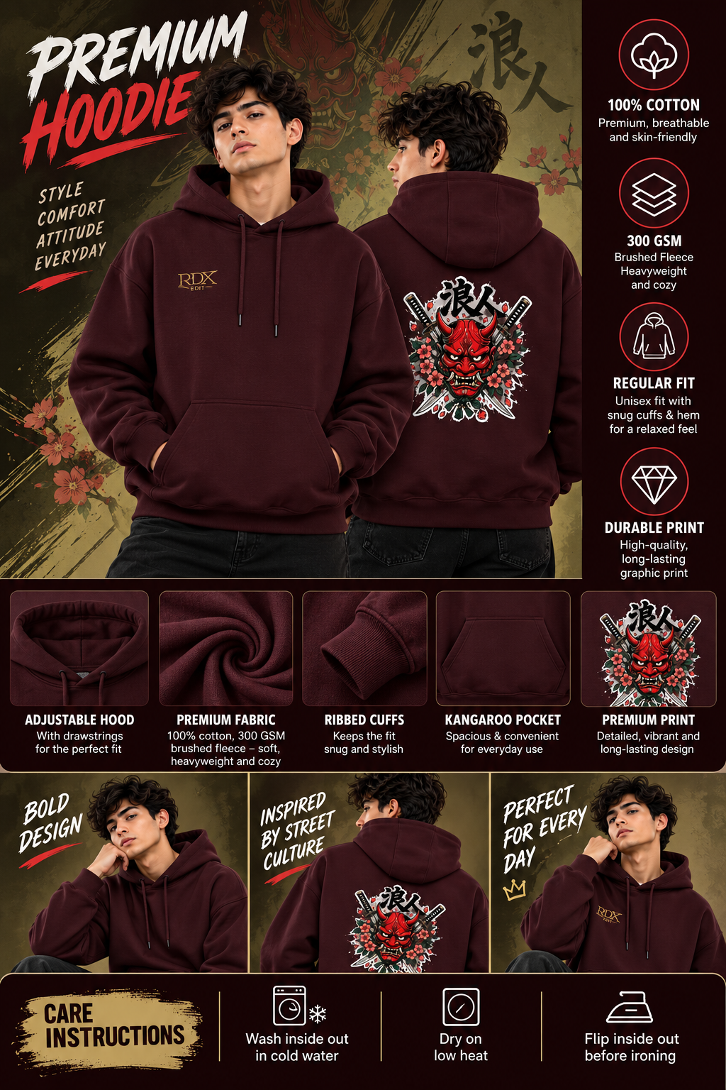 Oni Samurai Graphic Hoodie – Premium Maroon Unisex Sweatshirt