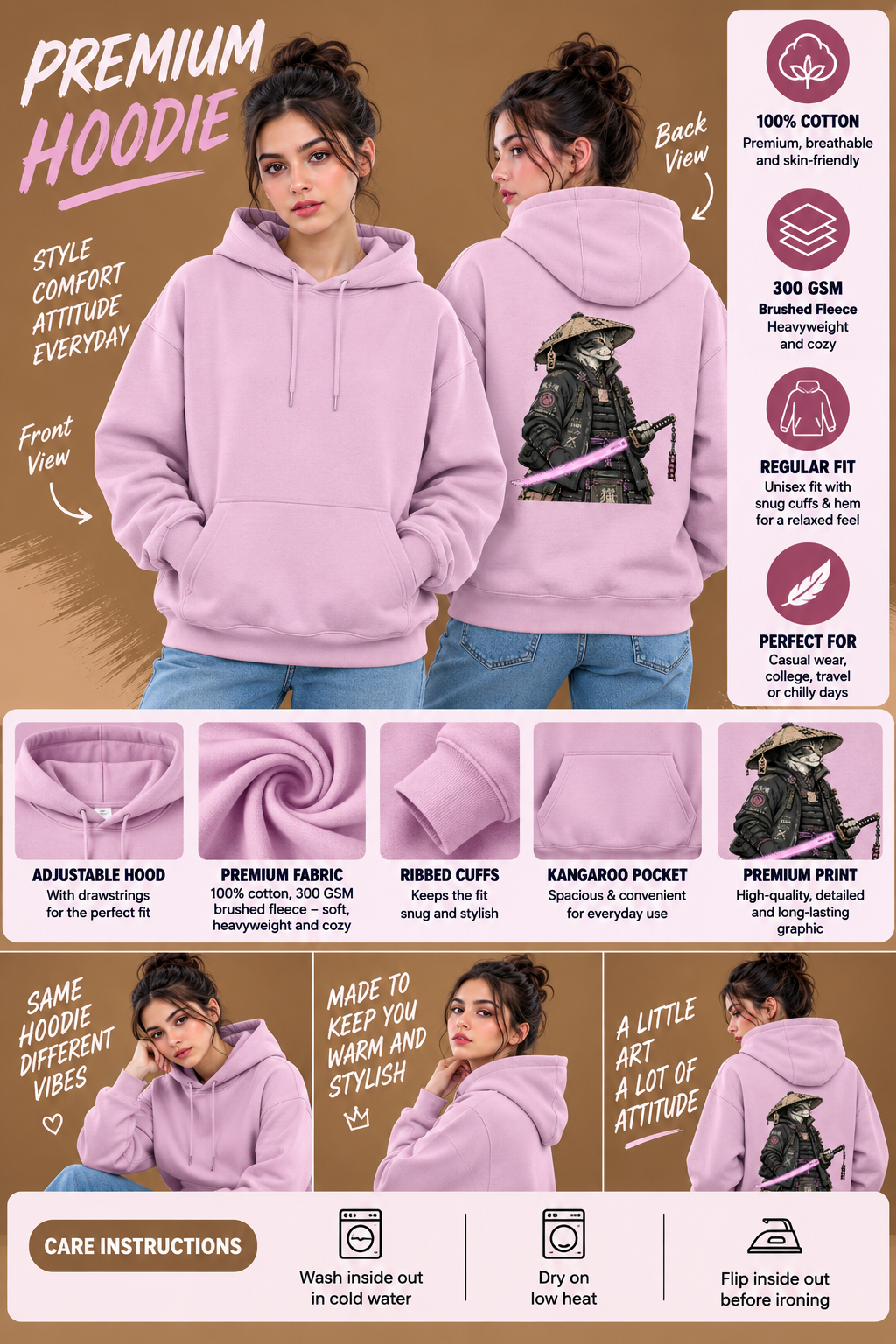 Women's Pink Samurai Cat Graphic Hoodie – 300 GSM Premium Cotton Brushed Fleece Sweatshirt