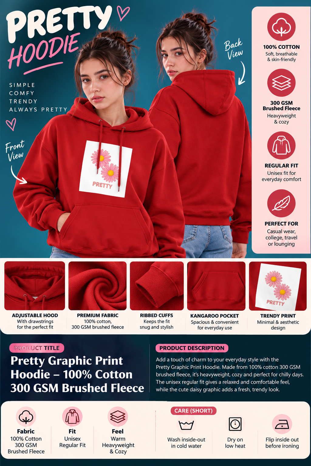 Pretty Red Graphic Print Unisex Hoodie – 100% Cotton, 300 GSM Brushed Fleece